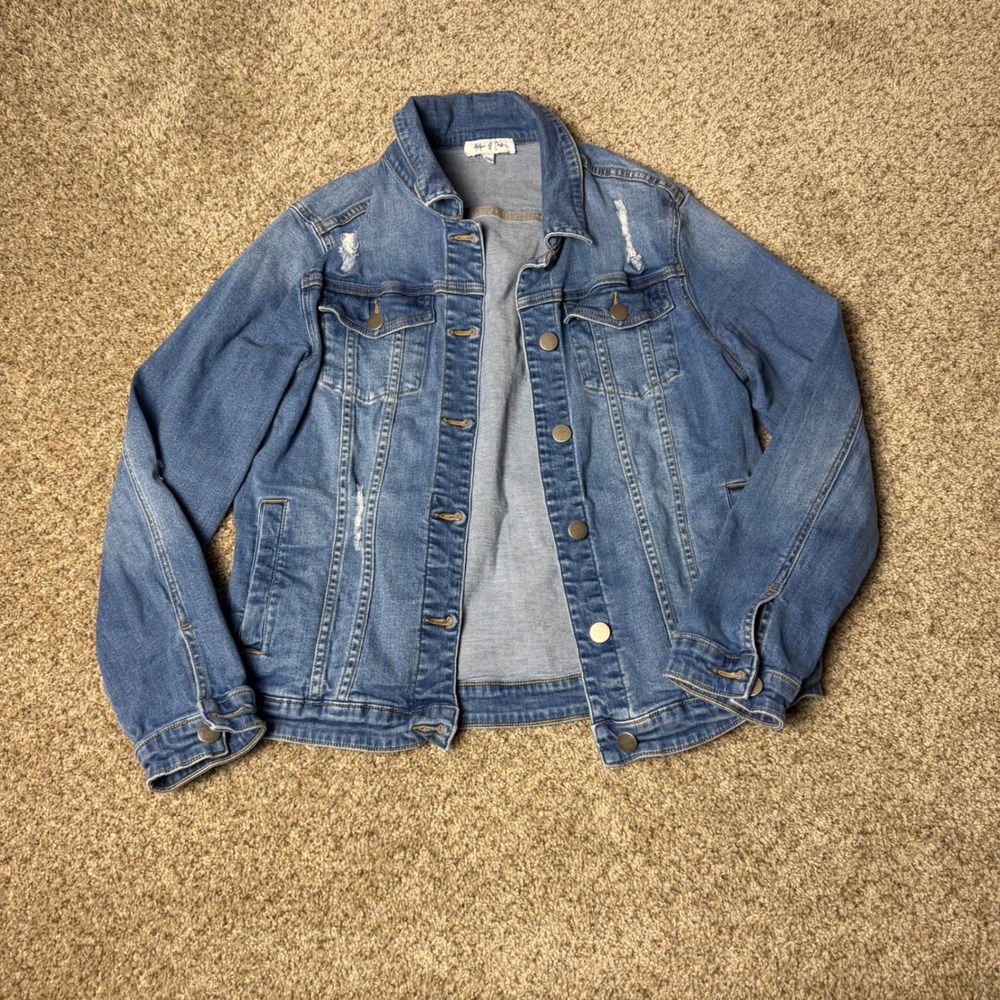 Aiden & Oak Womens Distressed Denim Jacket Medium Wash Blue XL Stretch